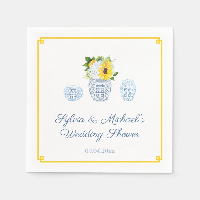 Classic Sunflowers Blue & White Vase Bridal Shower Napkin (Front)