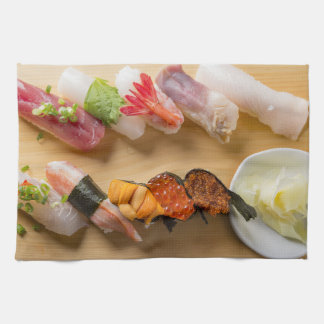 Classic Sushi Assortment on Wood Tea Towel
