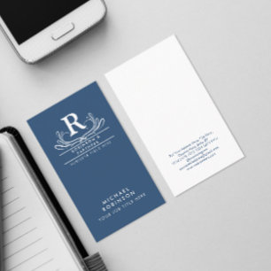 Classic Swirl Ornament Initial on Rustic Blue Business Card
