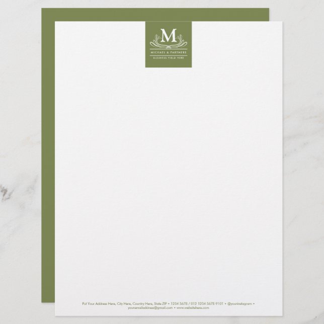 Classic Swirl Ornament Initial on Rustic Green Custom Letterhead (Front/Back)