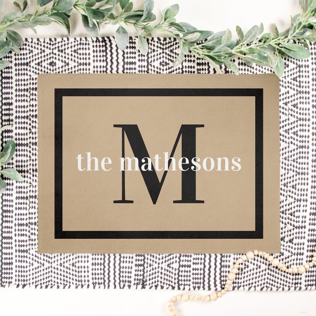 Classic Tan & Black Family Name & Monogram Doormat (Creator Uploaded)