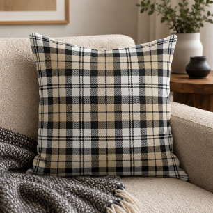 Classic Tan Black White Tartan Plaid Cushion