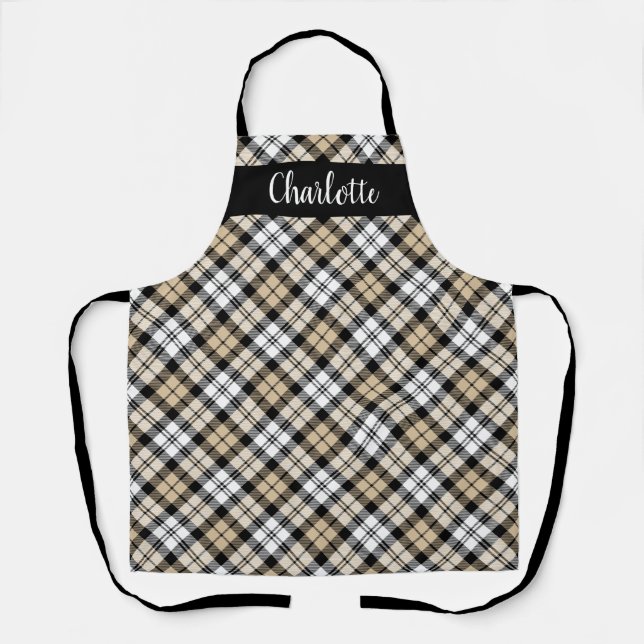 Classic Tan White Black Watch Plaid Monogram Apron (Front)