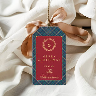 Classic Tartan Plaid Monogram Wreath Red Christmas Gift Tags