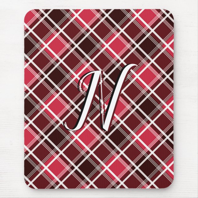 Classic Tartan Plaid Red Black Monogram Custom Mouse Mat (Front)