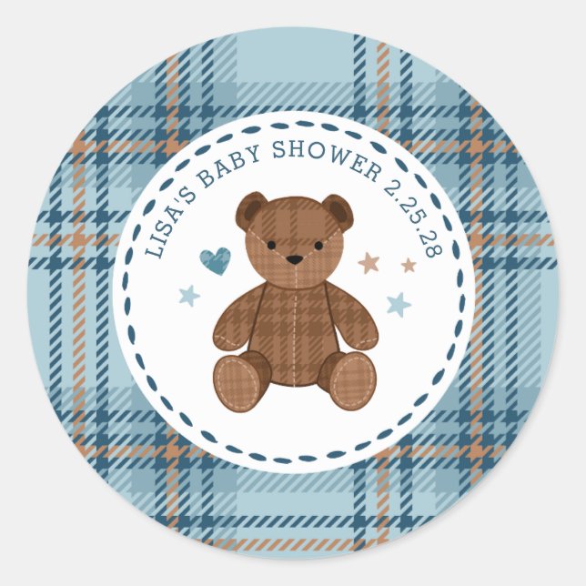 Classic Tartan Plaid Teddy Bear, Baby Boy Shower  Round Sticker (Front)