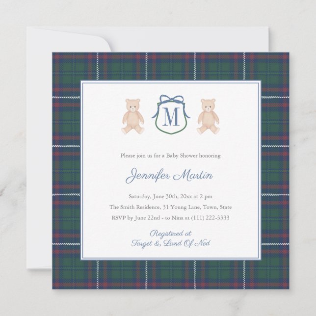 Classic Tartan Teddy Bear Winter Baby Boy Shower Invitation (Front)