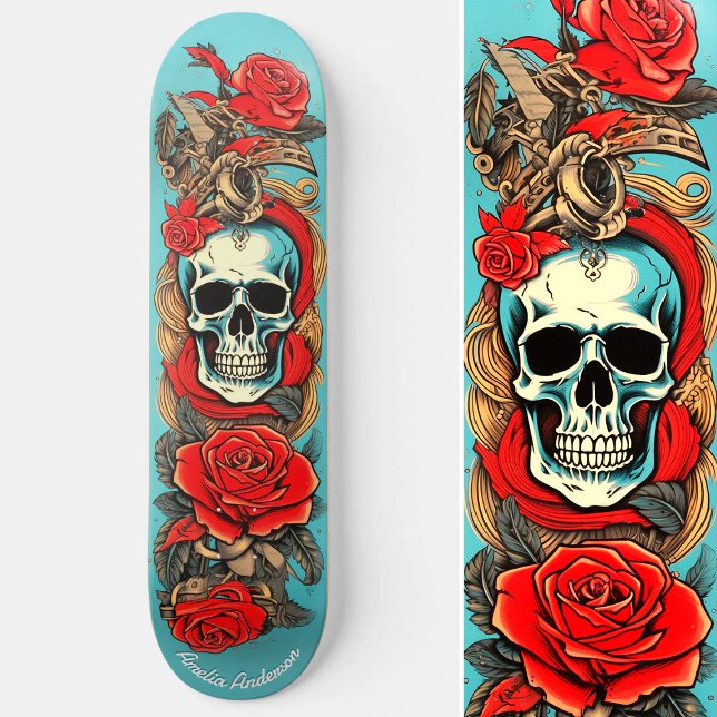 Classic Tattoo Art Skull Rose Nautical Elements  Skateboard (Classic Tattoo Art Skull Rose Nautical Elements Skateboard)