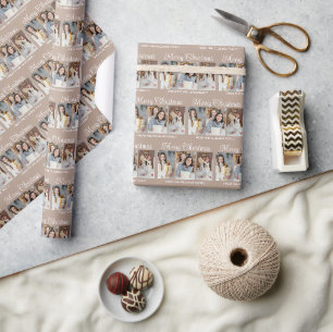 Classic Taupe Merry Christmas Photo Collage Wrapping Paper