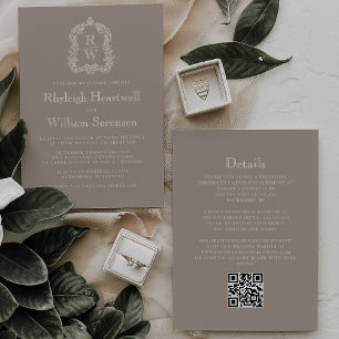 Classic Taupe Monogram Crest QR Code Wedding Invitation