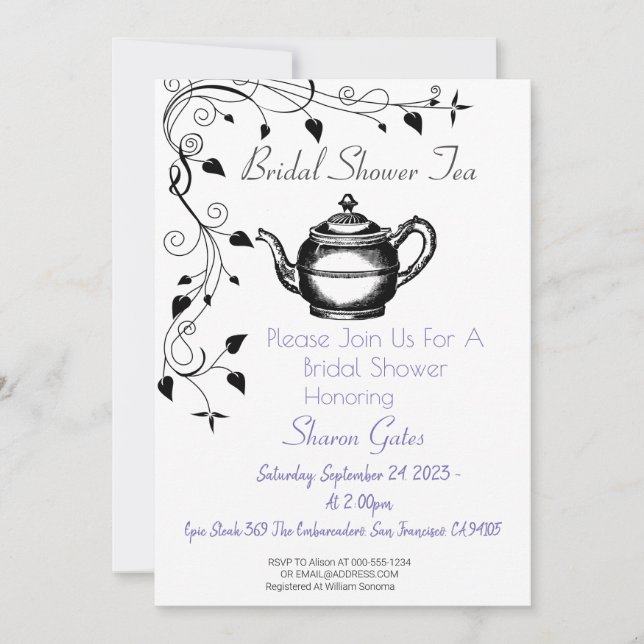 Classic Tea Pot Pretty Floral Vine Bridal Shower Invitation (Front)