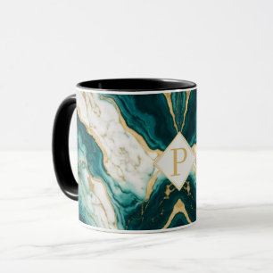 Classic Teal and Gold Marble Letter P Mug