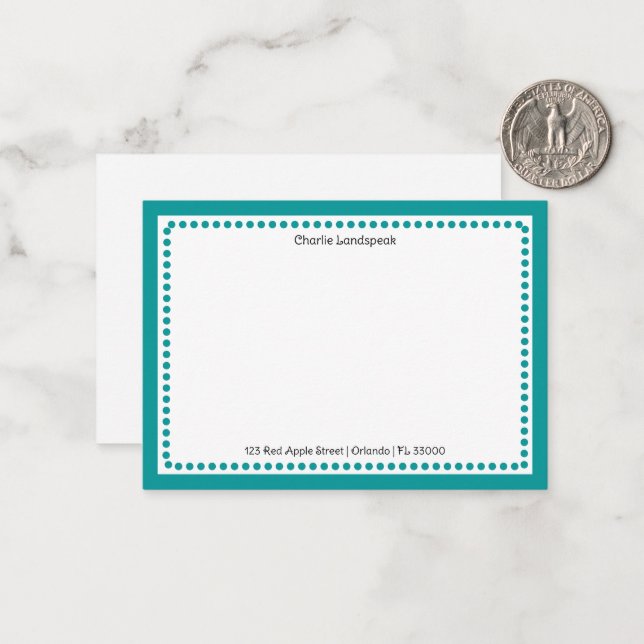 Classic Teal Blue Border & Dots Monogrammed  Card (Front/Back In Situ)