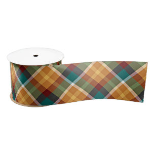 Classic Teal Blue Green Orange Tartan Pattern Satin Ribbon
