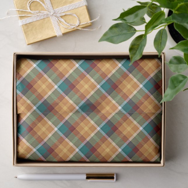 Classic Teal Blue Green Orange Tartan Pattern Tissue Paper (Gift)
