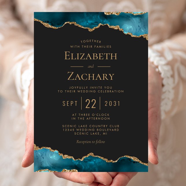Classic Teal Gold Agate Dark Wedding Invitation (Creator Uploaded)
