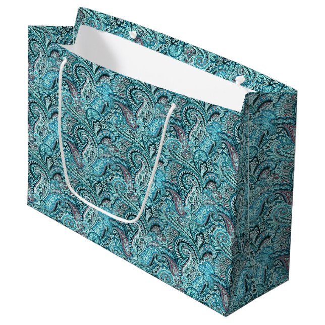 Classic Teal Paisley Large Gift Bag (Front Angled)