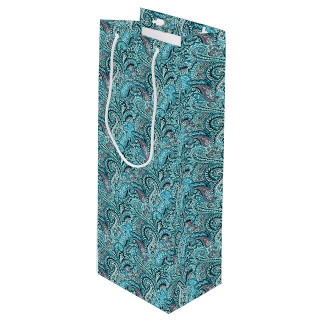 Classic Teal Paisley Wine Gift Bag (Front Angled)
