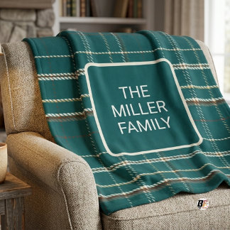 Classic Teal Plaid Family Name Fleece Blanket
