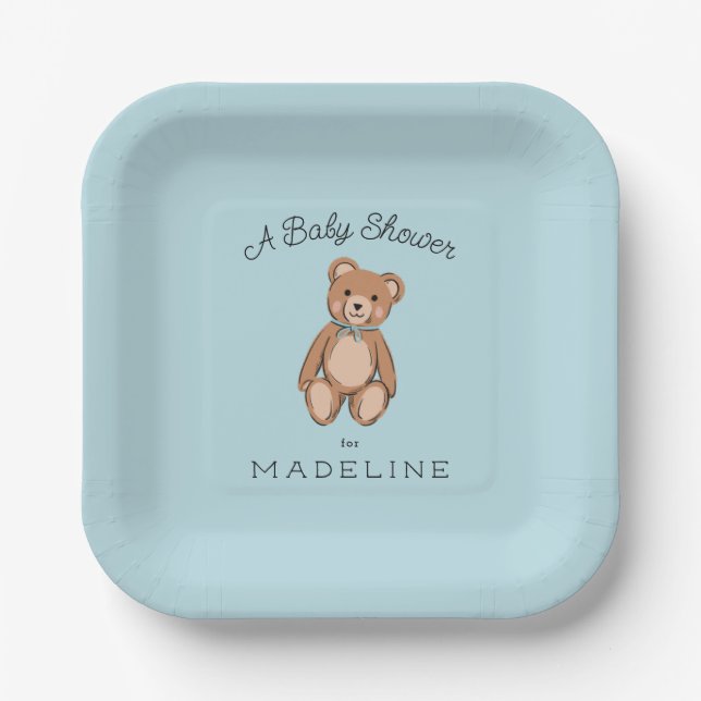Classic Teddy Bear Blue Baby Shower Paper Plate (Front)