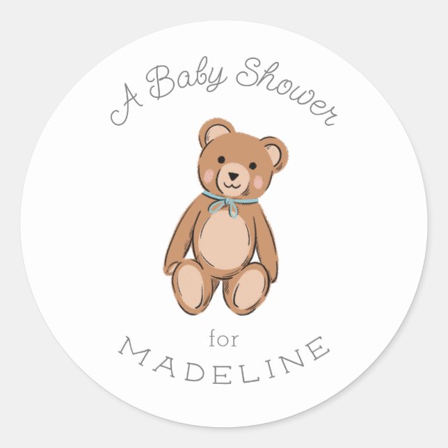 Classic Teddy Bear Blue Baby Shower Round Sticker (Front)