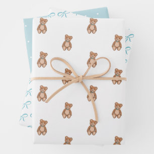 Classic Teddy Bear Blue Bow Baby Shower Wrapping Paper Sheet