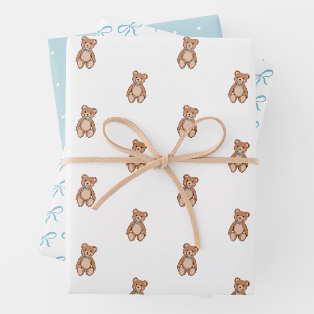 Classic Teddy Bear Blue Bow Baby Shower Wrapping Paper Sheet (In situ)