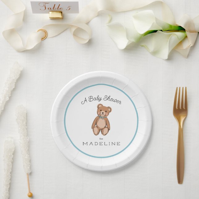 Classic Teddy Bear Blue White Baby Shower Paper Plate (Wedding)