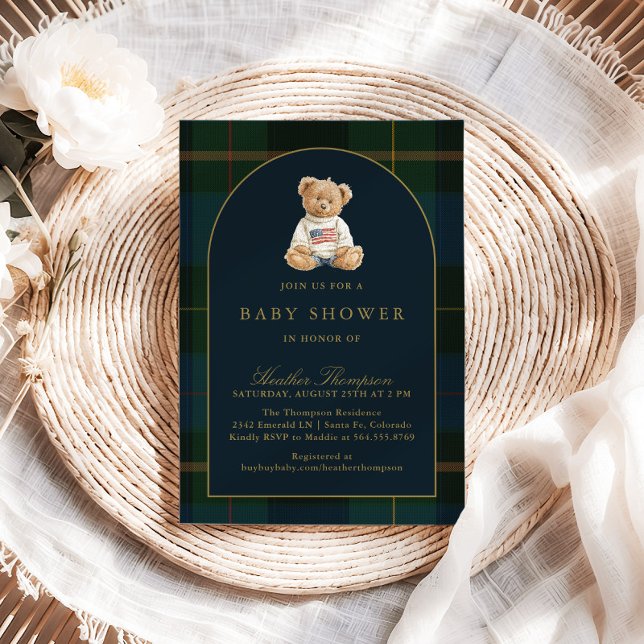 Classic Teddy Bear Green & Blue Plaid Baby Shower Invitation (Creator Uploaded)