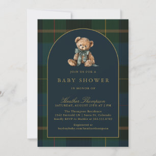 Classic Teddy Bear Green & Blue Plaid Baby Shower Invitation