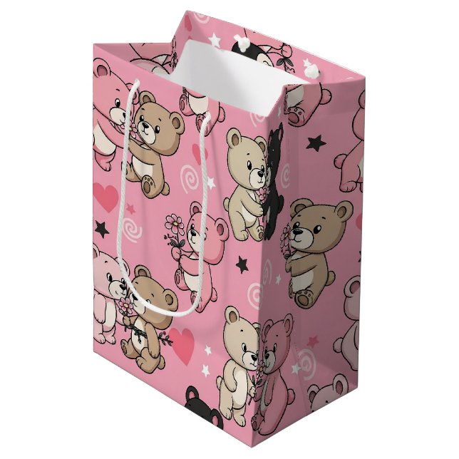 Classic Teddy Bear Hearts Pattern Medium Gift Bag (Front Angled)