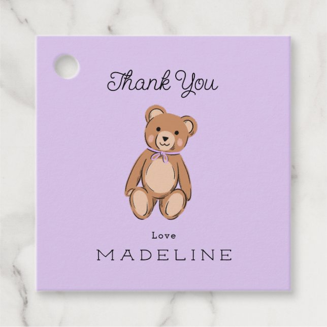 Classic Teddy Bear Lavender Purple Baby Shower Favour Tags (Front)