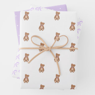 Classic Teddy Bear Lavender Purple Bow Baby Shower Wrapping Paper Sheet