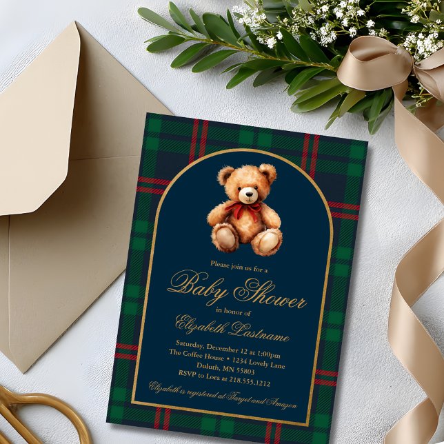 Classic Teddy Bear Navy Plaid Preppy Baby Shower Invitation (Classic Teddy Bear Navy Plaid Preppy Baby Shower Invitation)