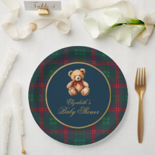 Classic Teddy Bear Navy Plaid Preppy Baby Shower Paper Plate