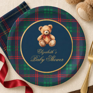 Classic Teddy Bear Navy Plaid Preppy Baby Shower Paper Plate