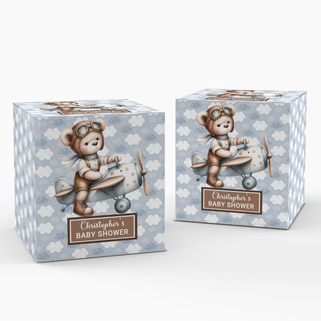 Classic Teddy Bear Pilot Blue Baby Favour Box (Classic Teddy Bear Pilot Blue Baby Favor Box)
