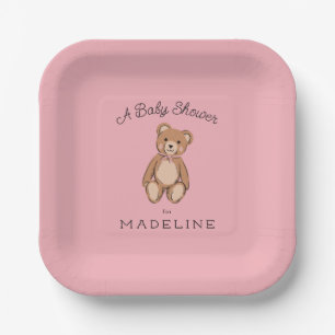 Classic Teddy Bear Pink Baby Shower Paper Plate