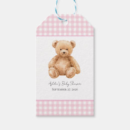 Classic Teddy Bear Pink Gingham Baby Shower Gift Tags