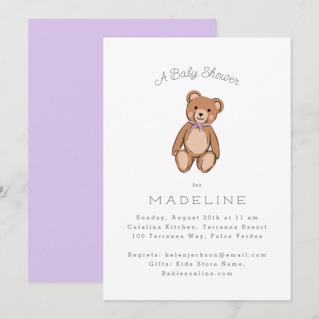 Classic Teddy Bear Purple Baby Shower Invitation (Front/Back)