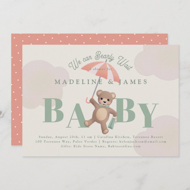 Classic Teddy Bear Sage Bearly Wait Baby Shower Invitation (Front/Back)