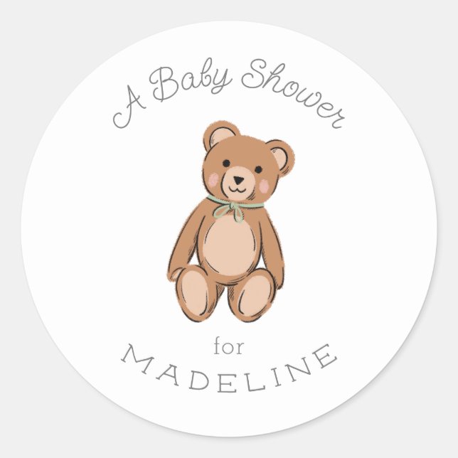 Classic Teddy Bear Sage Green Baby Shower Classic Round Sticker (Front)