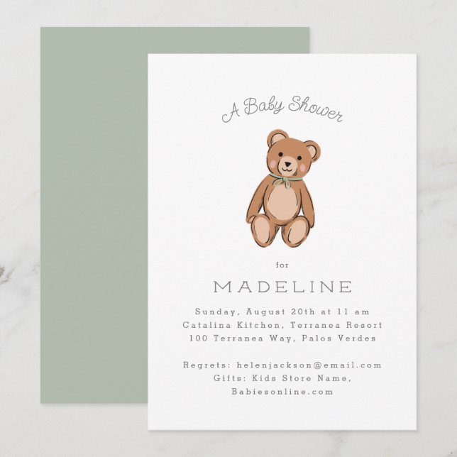 Classic Teddy Bear Sage Green Baby Shower Invitation (Front/Back)