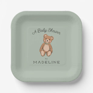 Classic Teddy Bear Sage Green Baby Shower Paper Plate