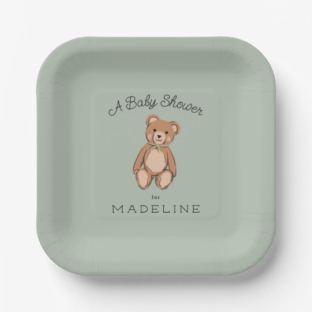 Classic Teddy Bear Sage Green Baby Shower Paper Plate (Front)