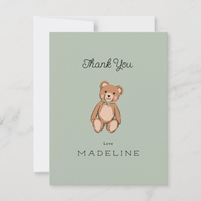 Classic Teddy Bear Sage Green Baby Shower Thank You Card (Front)
