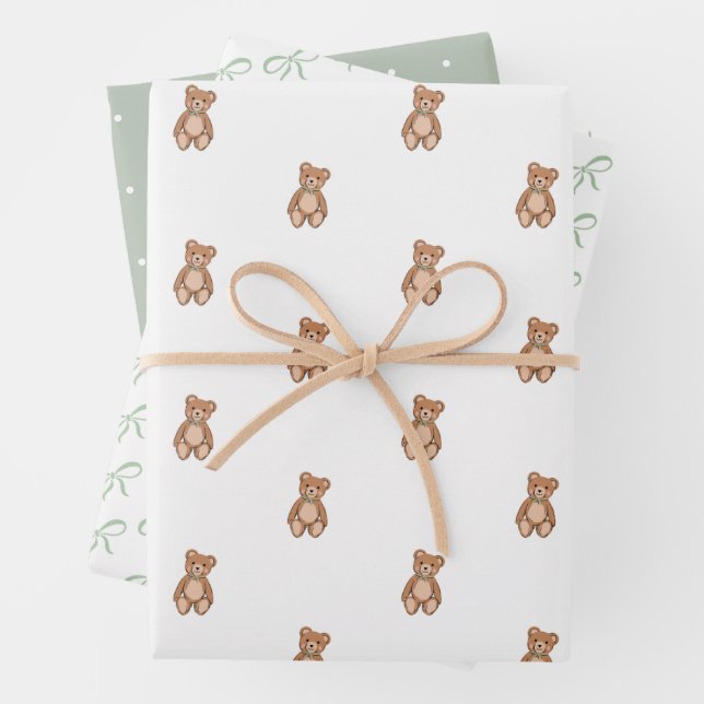 Classic Teddy Bear Sage Green Bow Baby Shower Wrapping Paper Sheet (In situ)