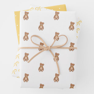 Classic Teddy Bear Yellow Bow Baby Shower Wrapping Paper Sheet