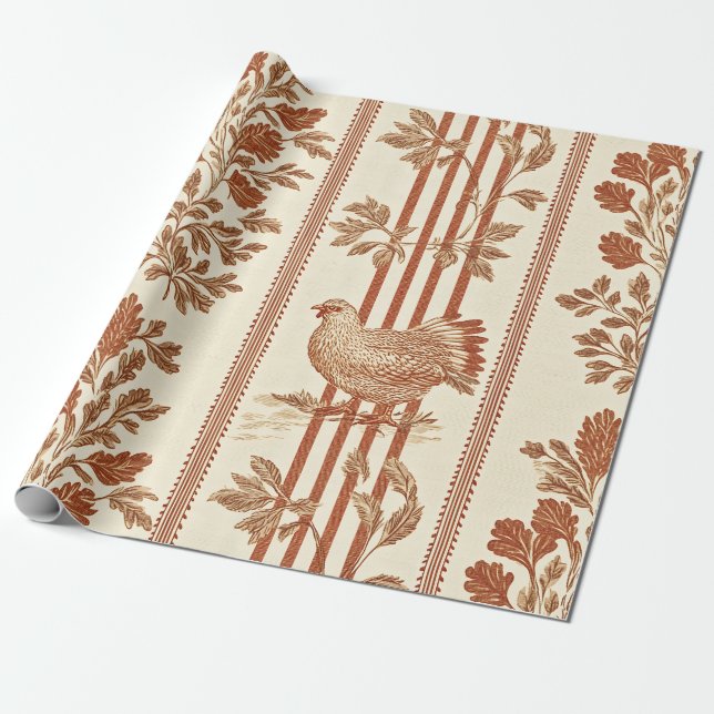 Classic Terracotta Barn Hen Toile Pattern Wrapping Paper (Unrolled)