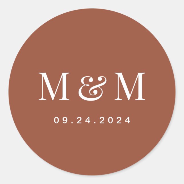 Classic Terracotta Monogram Typography Wedding Round Sticker (Front)